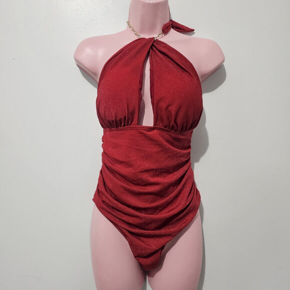 Shein - Swimsuit One Piece Halter Top Plunge Neck  Glitter Gems - Size L - Red - Picture 1 of 8
